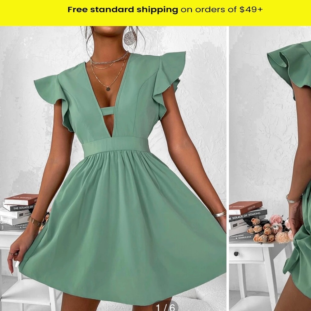 SHEIN- Plunging Neck Flutter Sleeve Dress